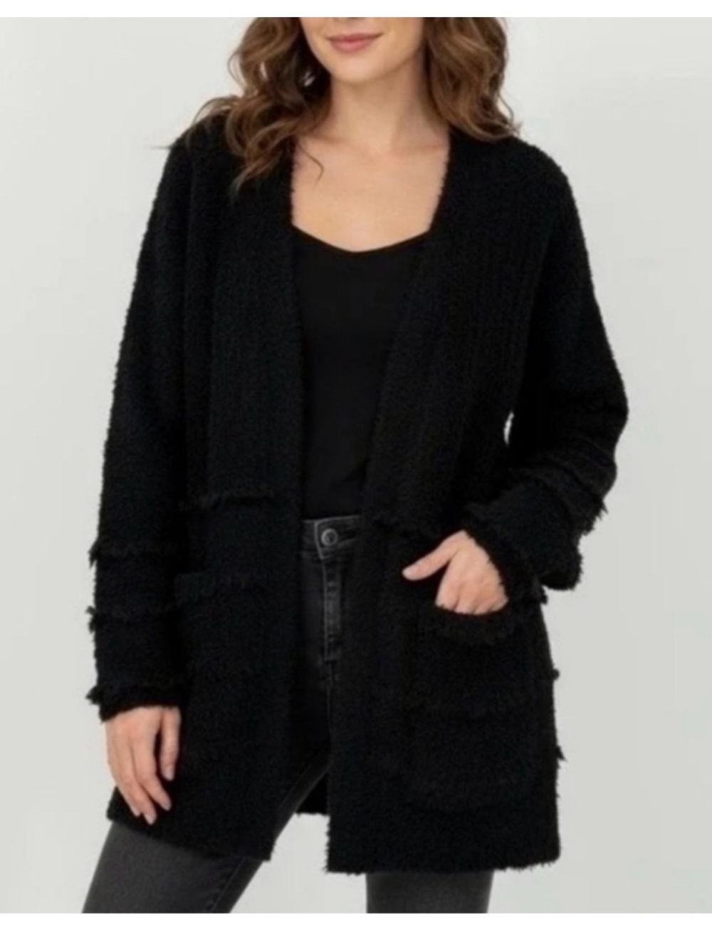 BAREFOOT DREAMS Cozychic Boardwalk Black Open Front Fringe Cardigan S